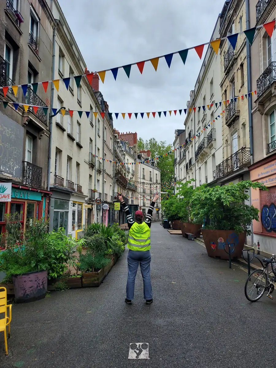 La rue Léon Blum à Nantes, pavoisée de guirlandes de fanions multicolores tendues d'une façade à l'autre&nbsp;; au centre, une personne en gilet jaune lève les bras vers les fanions